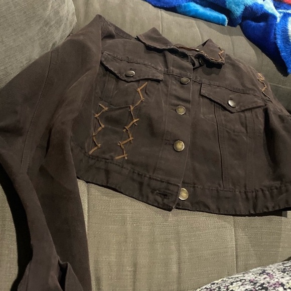 Vintage Cropped Dragon Patch Denim Jacket Brown 42 - Picture 10 of 14
